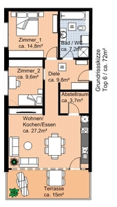 Dachgeschosswohnung mit großer überdachter Loggia / einem Carporplatz und einem Autoabstellplatz im Freien